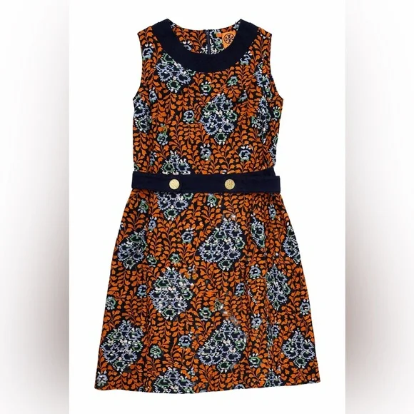 Tory Burch Melanie Linen Floral Sheath Dress Navy Orange Sleeveless Size 10 - Picture 1 of 6